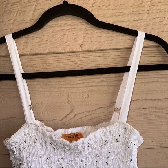 Sakkas Sequin Embroidered Smocked Bodice Knee Length Dress - White - One Size - Picture 4 of 12